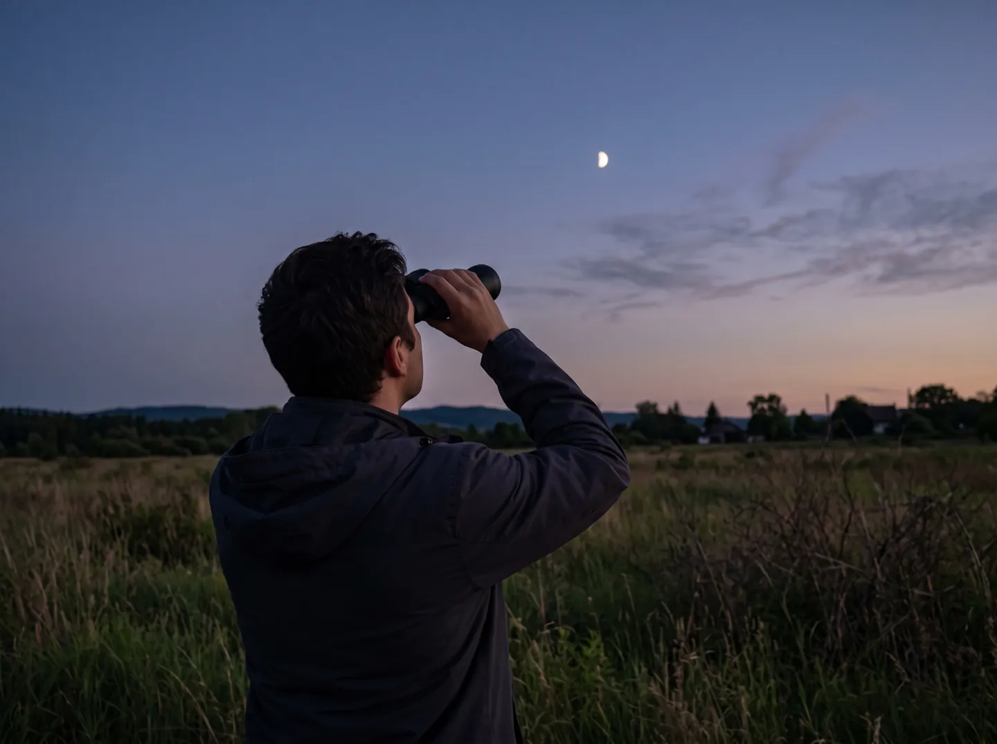 A person seen from behind looking at the Moon through binoculars on a calm evening