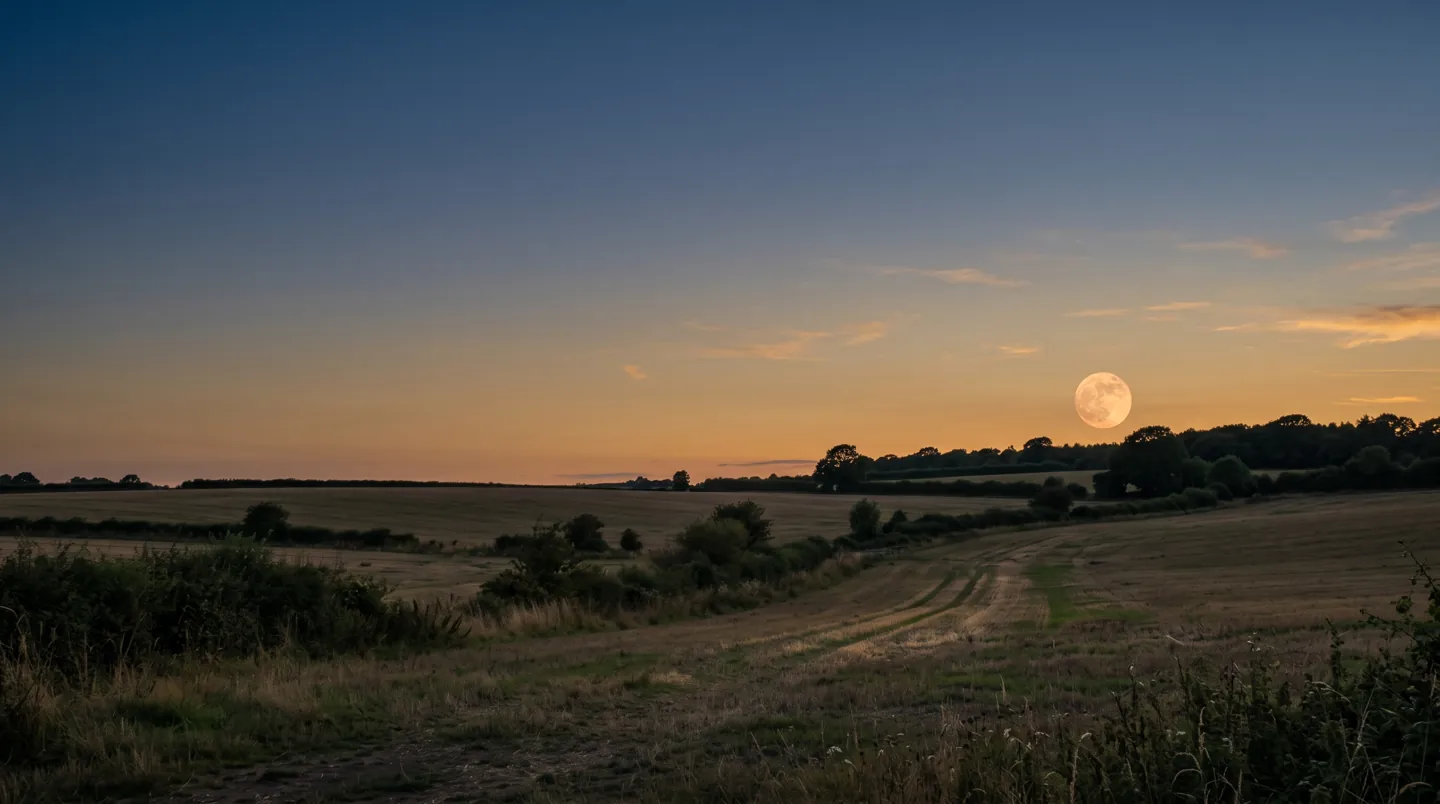 A full moon rising over quiet farmland and a line of trees at dusk